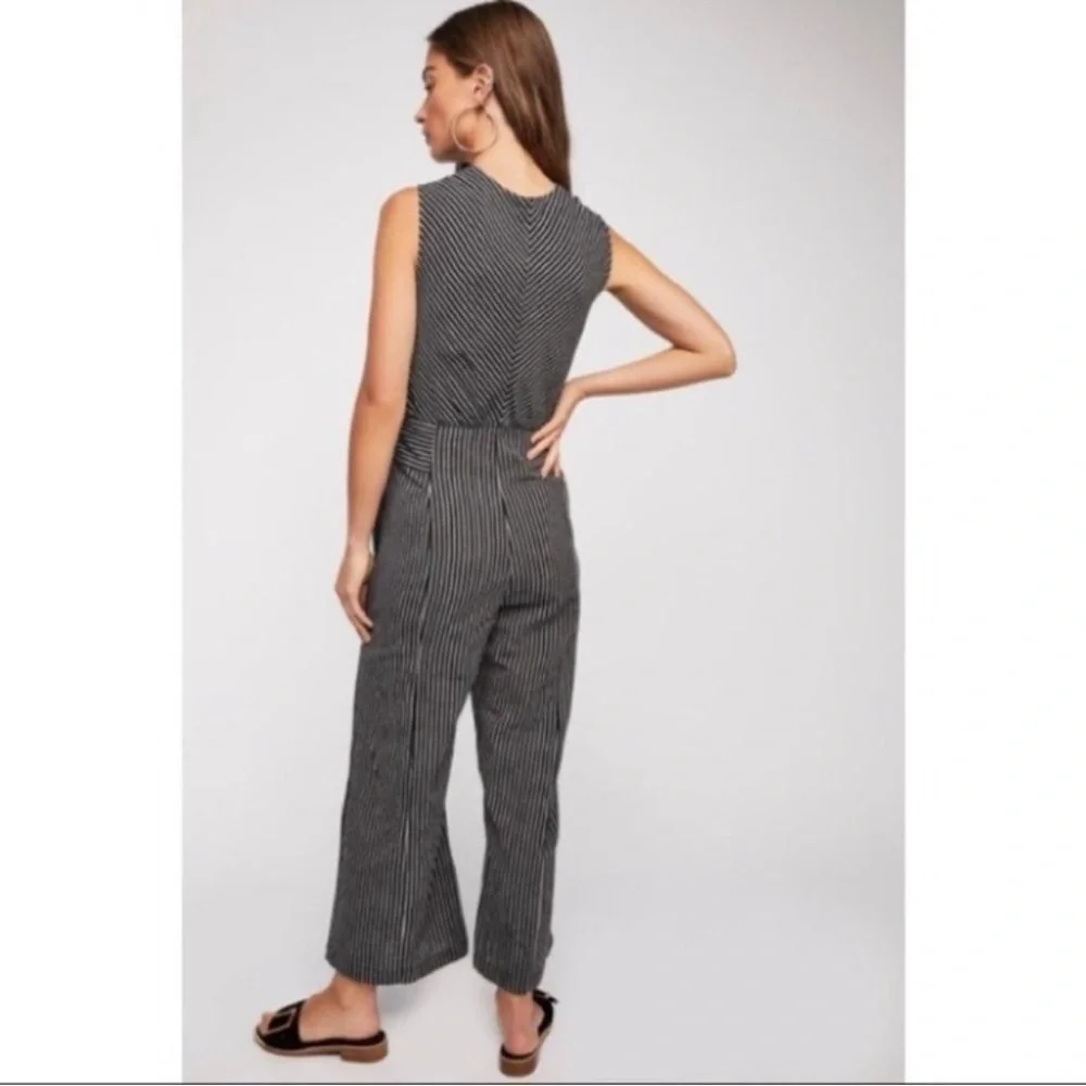 Free People The Liberty Jumpsuits Wide Leg Cotton Black White Striped Size 0